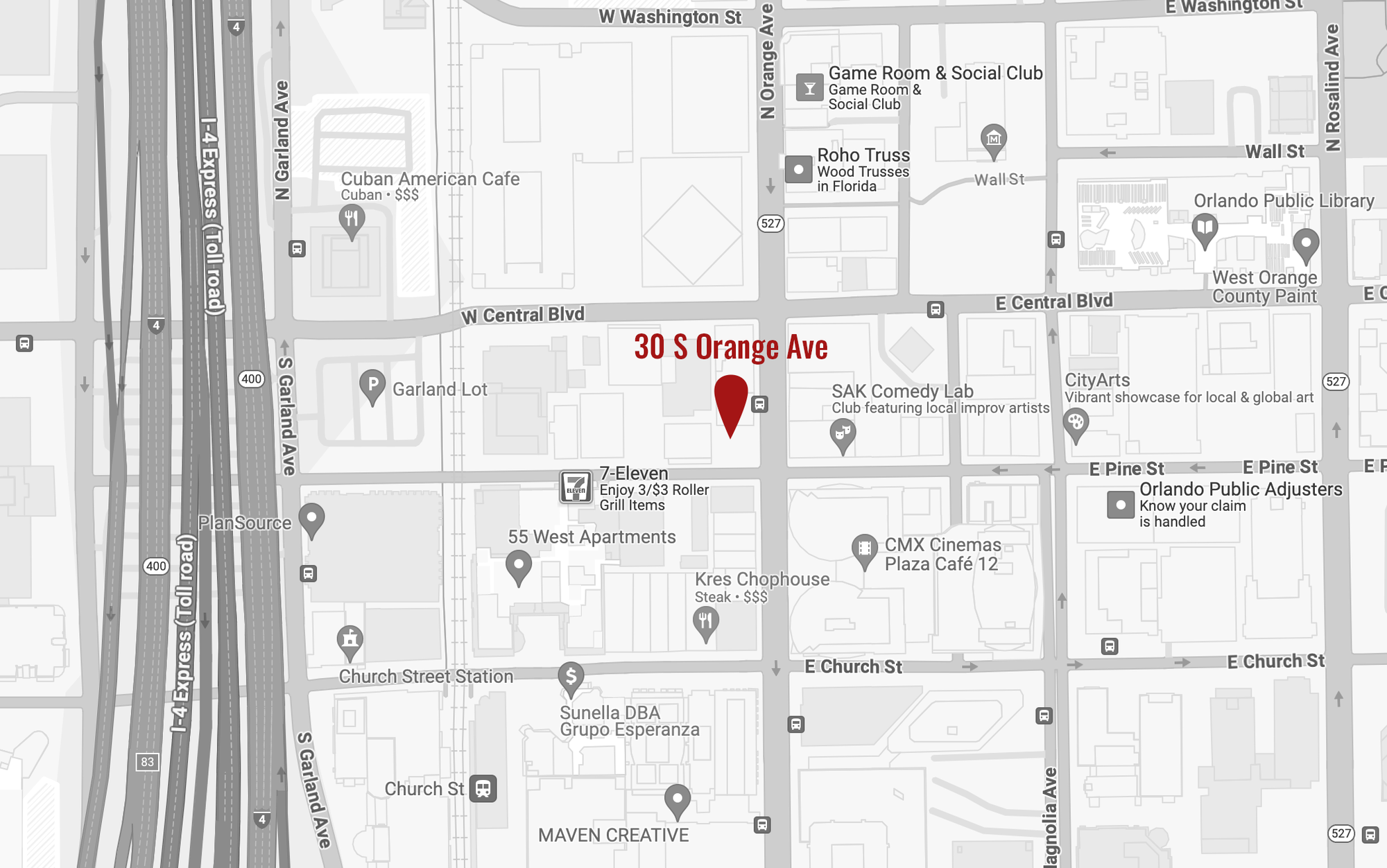 google map with downtown orlando property highlighted